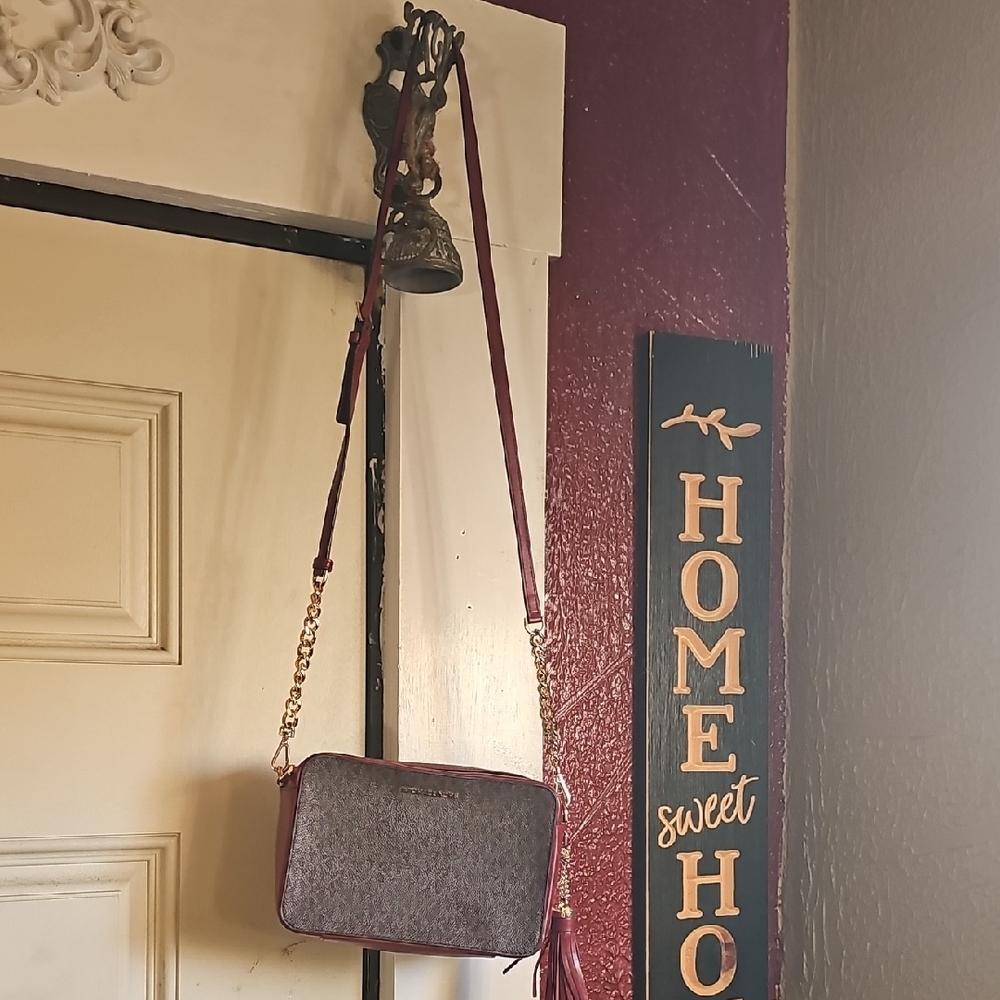 Burgundy Crossbody Bag with Gold Chain By Michael Kors